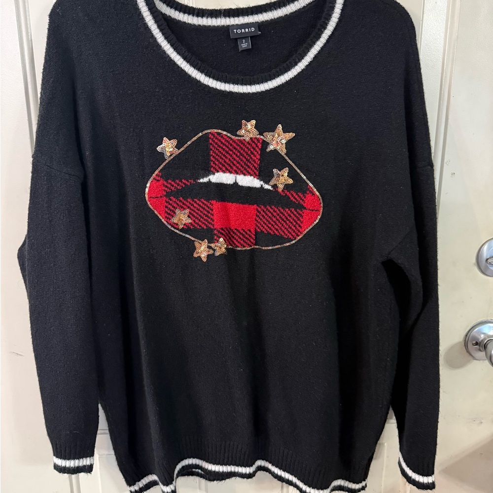 Torrid Black Sweater with Red Plaid lips and Gold Stars